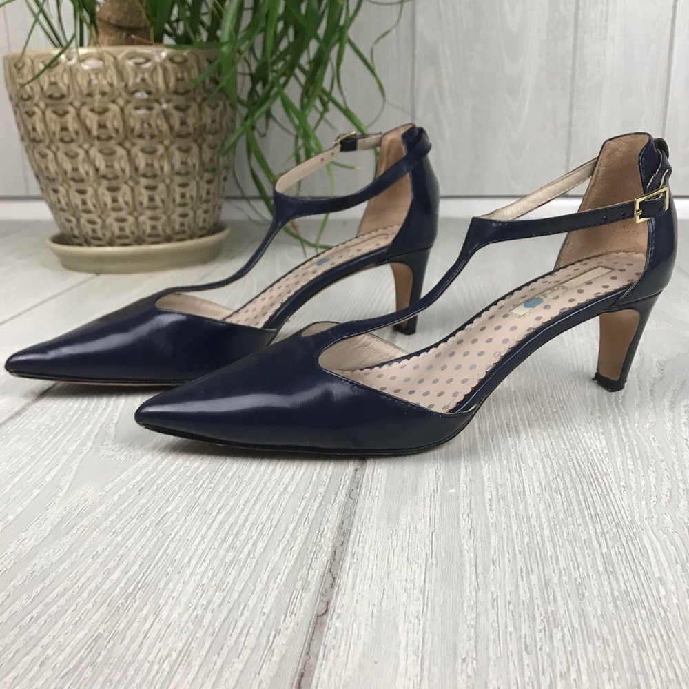 Boden blue patent leather pointed toe heels